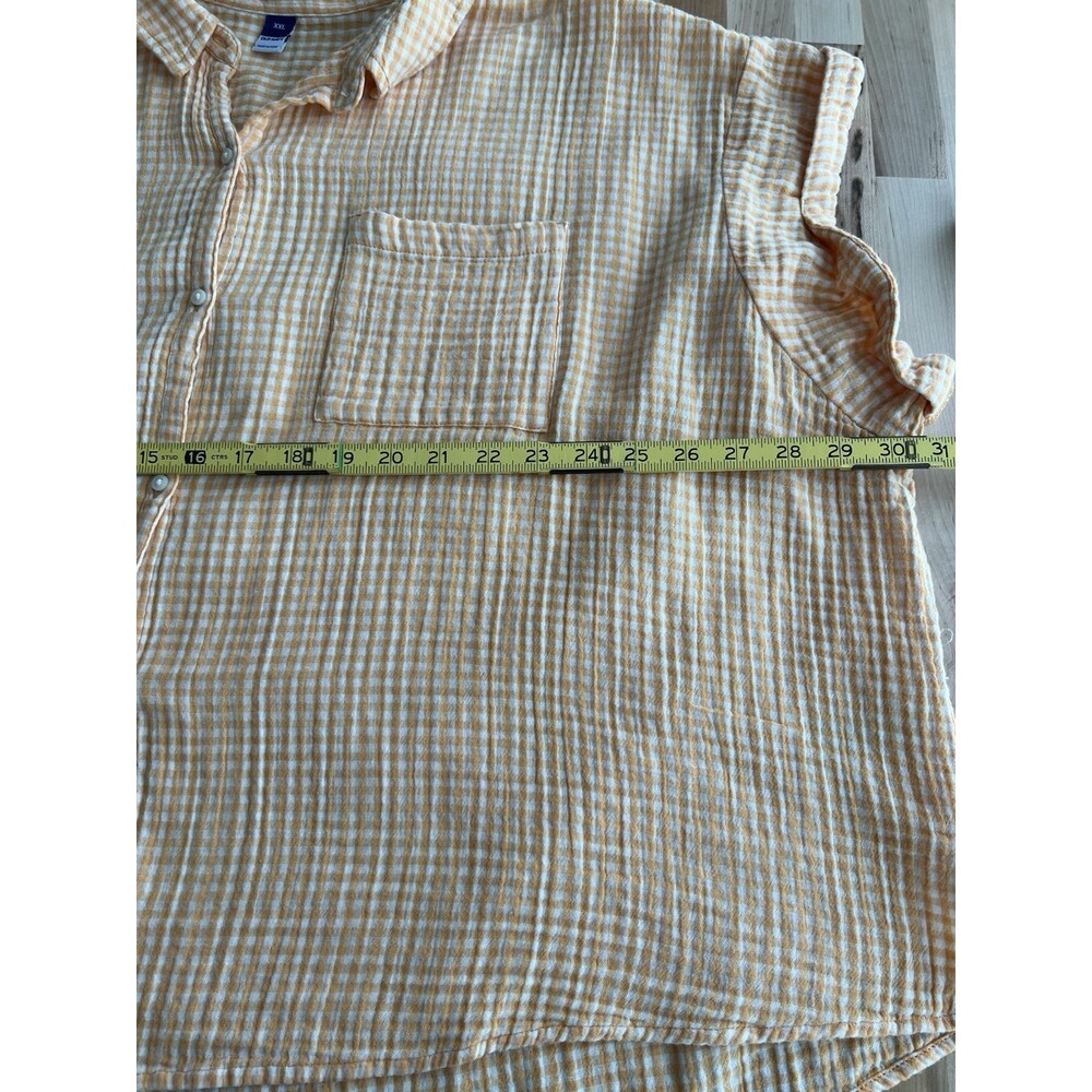 Women's Short Sleeve Button Up Orange Gingham Check Cotton Gauze Boxy Slouchy 2X - Picture 8 of 8